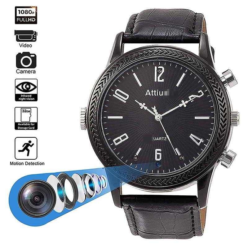 Black wristwatch with a hidden camera feature, black leather strap, and a detailed dial design.