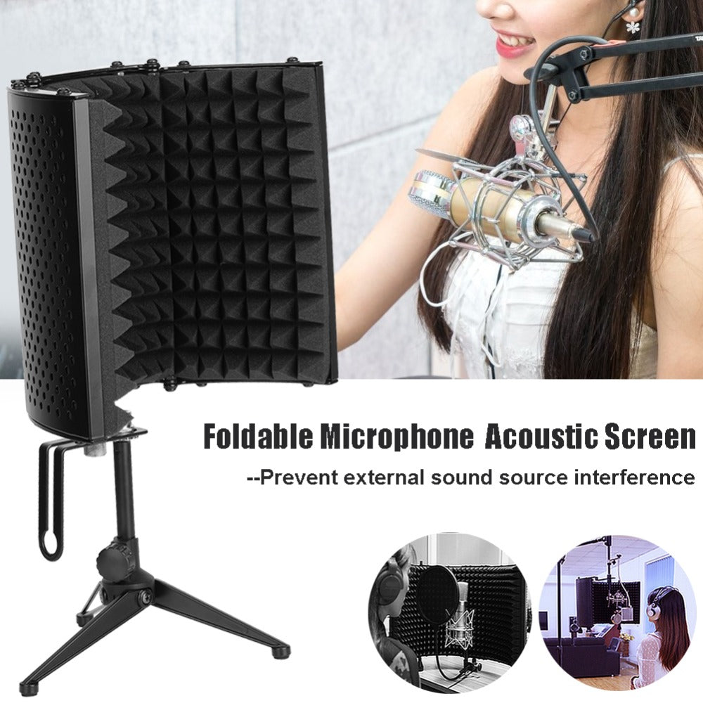 Black foldable acoustic screen with a microphone stand, in front of a woman speaking.