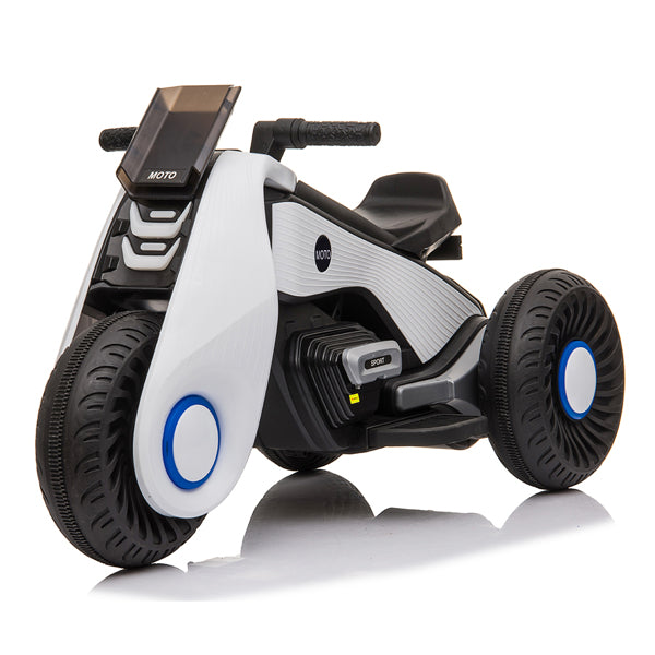 Futuristic white toy motorcycle with black tires and blue accents, featuring a sleek design and handlebars.
