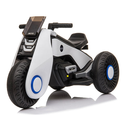 Futuristic white toy motorcycle with black tires and blue accents, featuring a sleek design and handlebars.