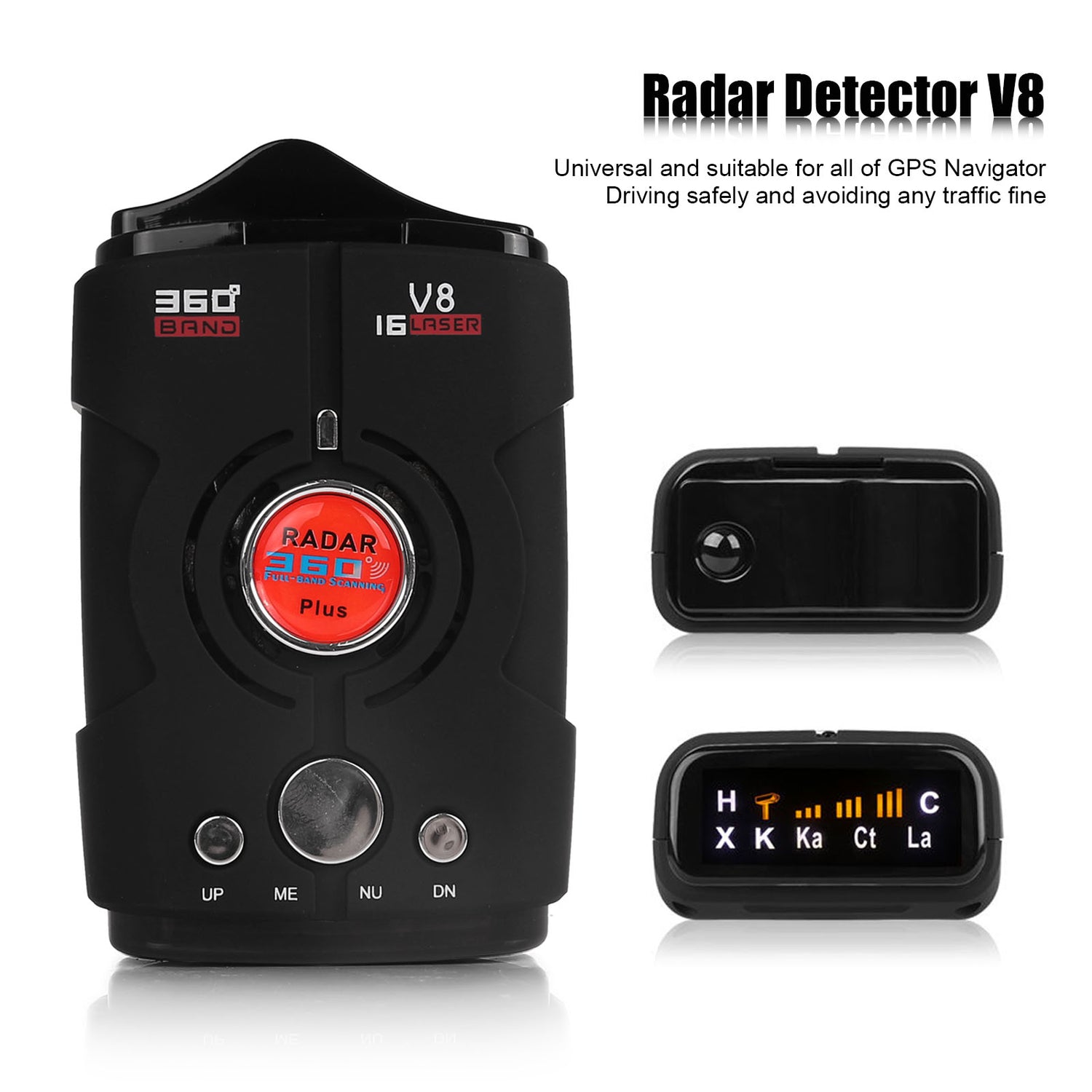 Black radar detector with red accents, 360° band scanning, and digital display indicator.