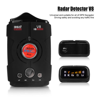 Black radar detector with red accents, 360° band scanning, and digital display indicator.