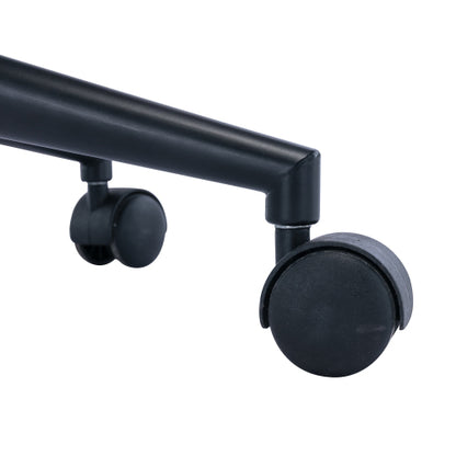 Black office chair wheels on a metal frame with a white background.