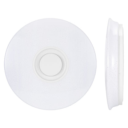 Round white ceiling light with concentric circles, shown from top and side views.