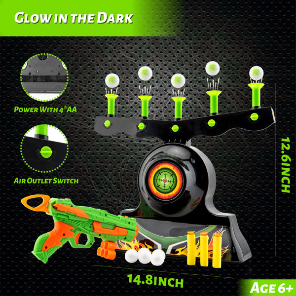 Toy target and blaster set with glowing green and orange colors on a black background, labeled dimensions.
