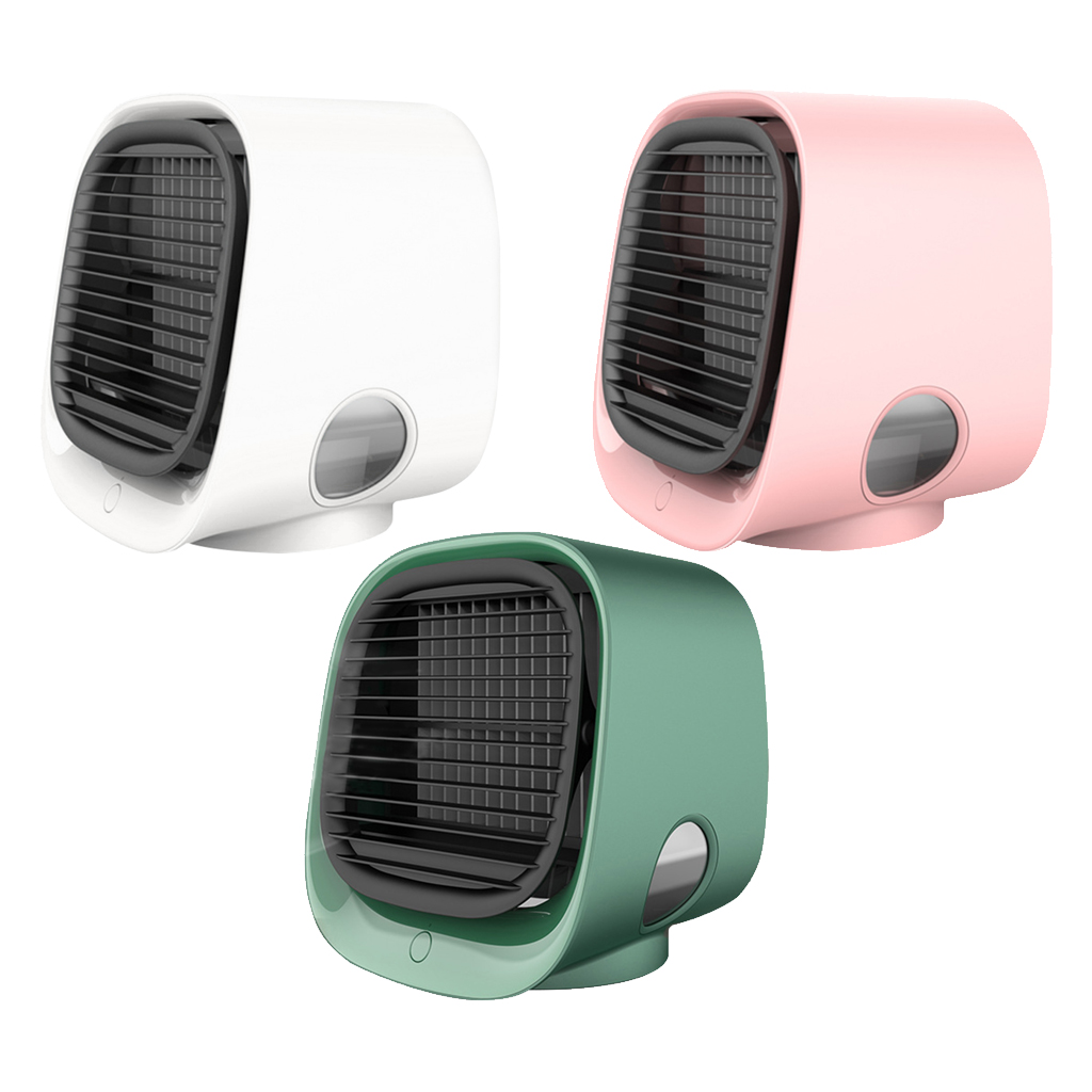Three small, modern fans in white, pink, and green, each with a black grille and rounded design.