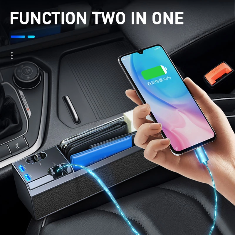 A hand holds a smartphone with an 80% charge, connected to a blue-lit dual USB car charger.