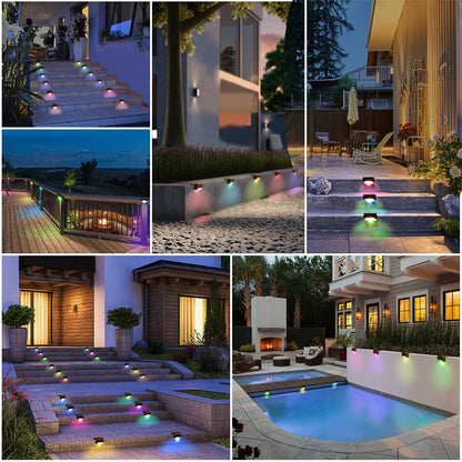 Collage of outdoor spaces with vibrant, colorful LED lights along stairs and pathways.
