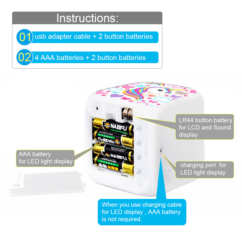 Cube with unicorn design, open battery compartment with AAA and LR44 batteries, charging port labels.