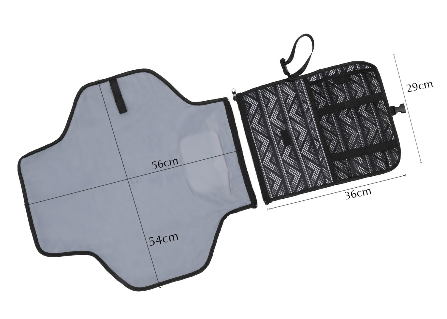 Open black travel organizer with chevron pattern, 56x54cm mat attached, and 36x29cm pockets.