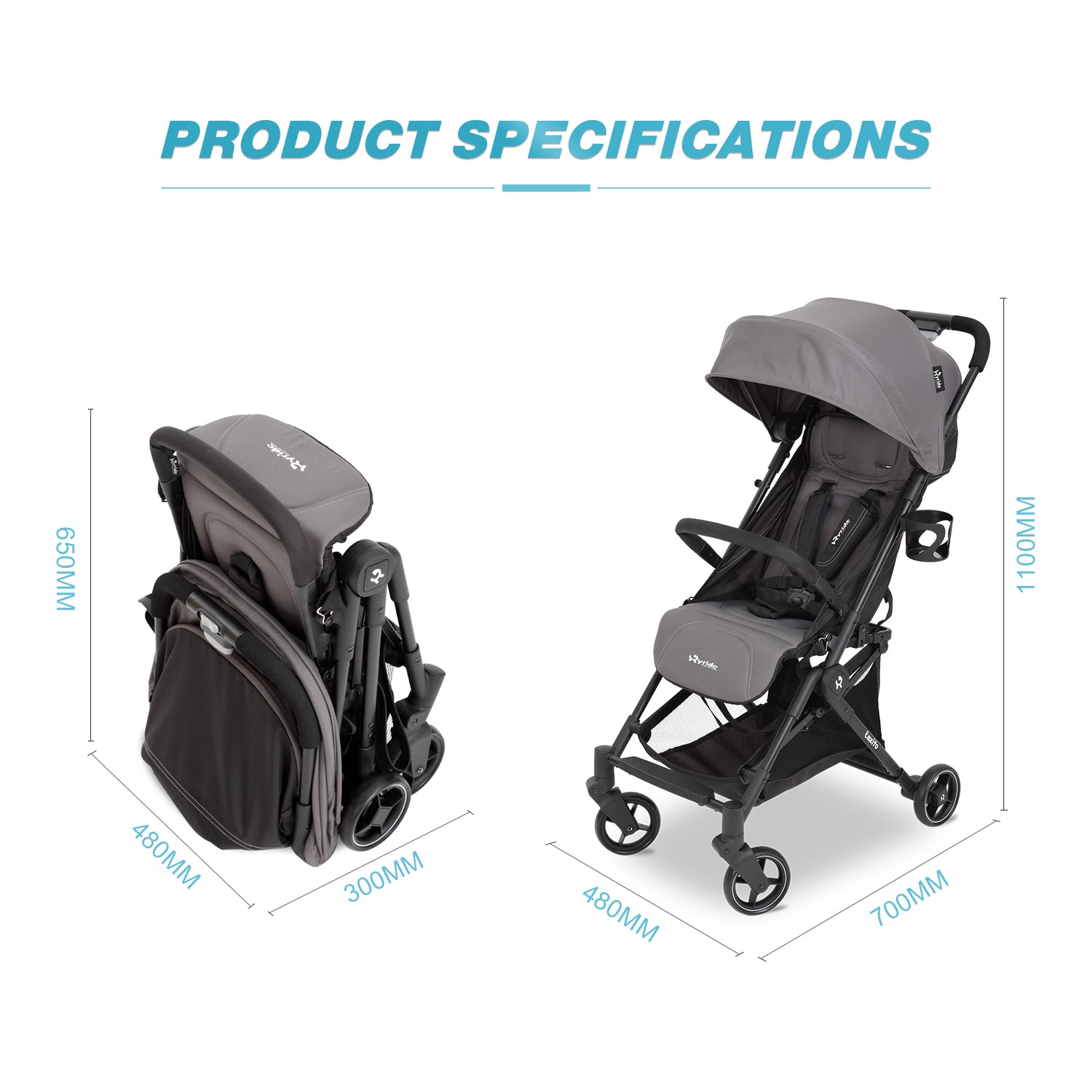 Gray stroller shown folded and unfolded with dimensions, black frame, and canopy.