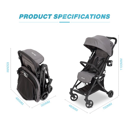 Gray stroller shown folded and unfolded with dimensions, black frame, and canopy.