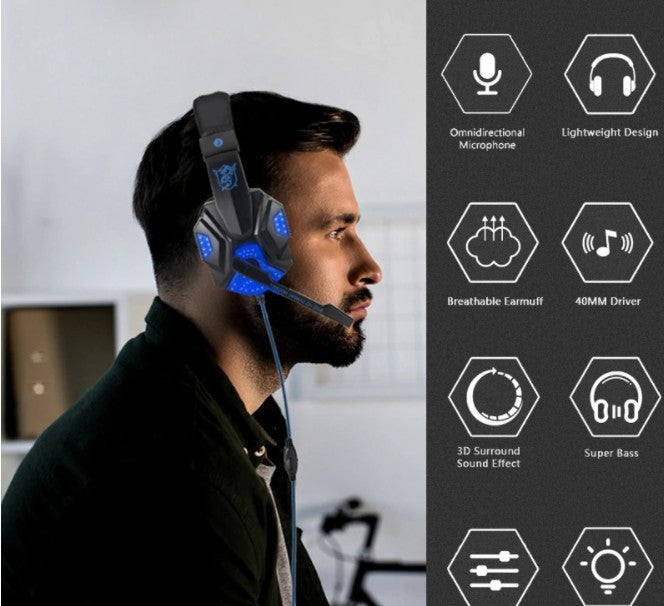 Person wearing black headset with blue LED lights; feature icons on the right.