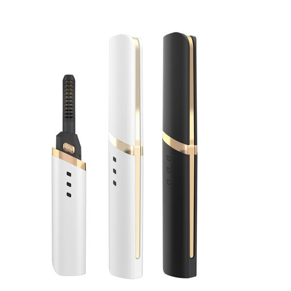 White and black electric lash curlers with gold accents, showing open and closed positions.