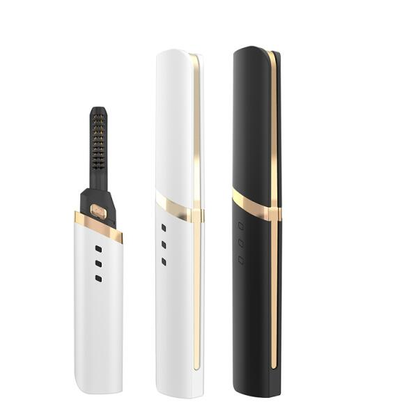 White and black electric lash curlers with gold accents, showing open and closed positions.