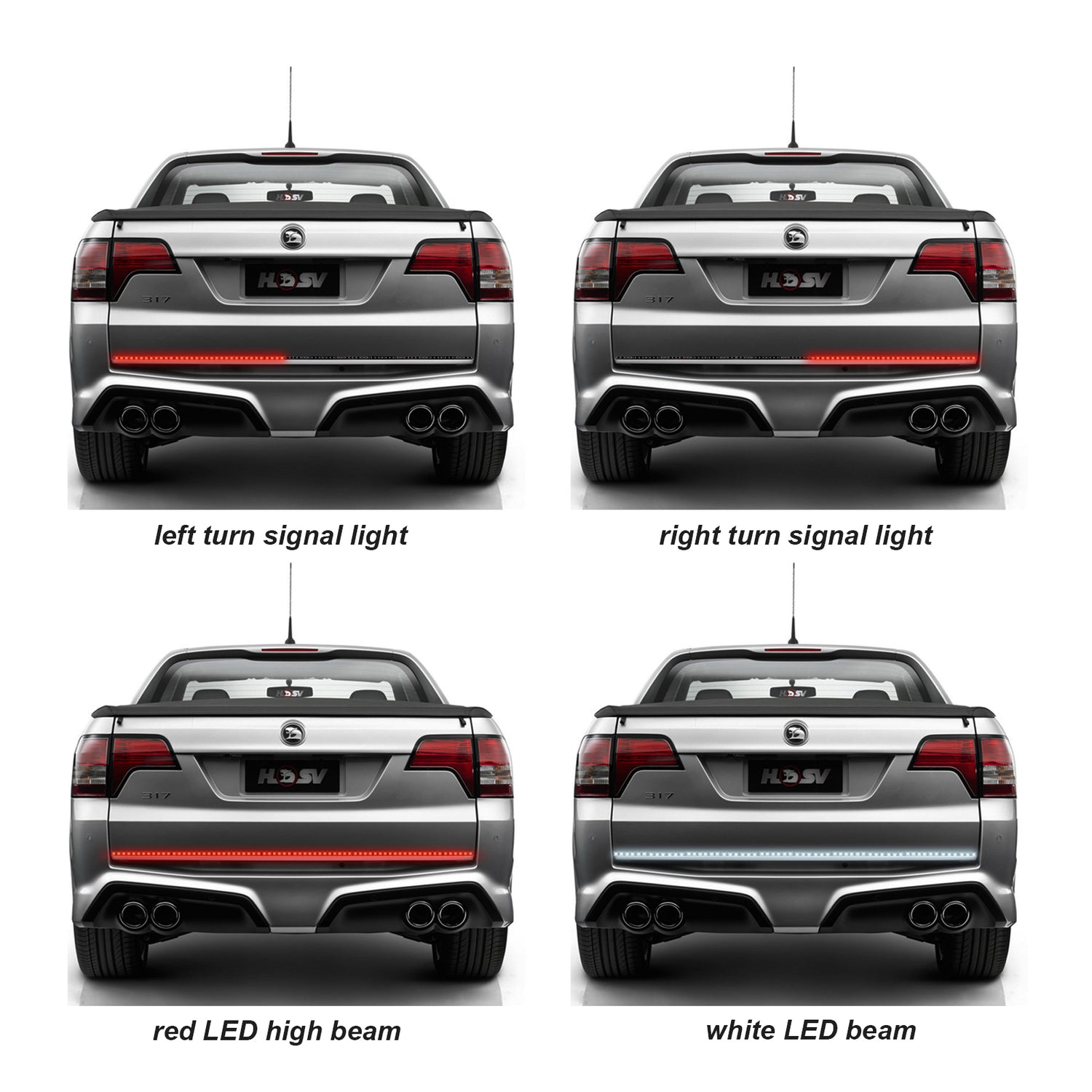 Silver car rear with LED lights showing left/right turn signals, red high beam, white beam.