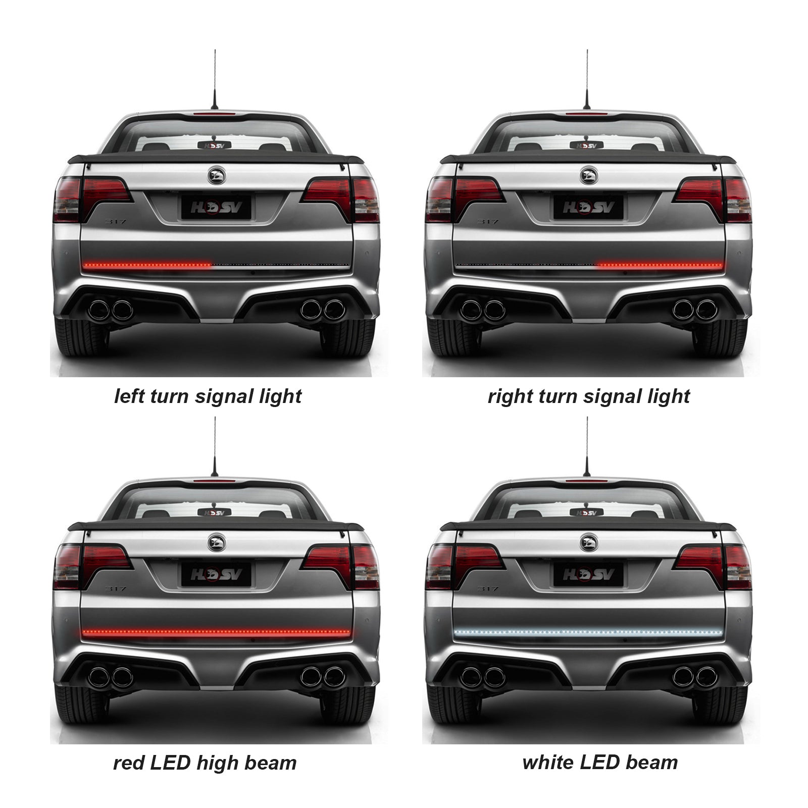 Silver car rear with LED lights showing left/right turn signals, red high beam, white beam.