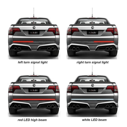 Silver car rear with LED lights showing left/right turn signals, red high beam, white beam.