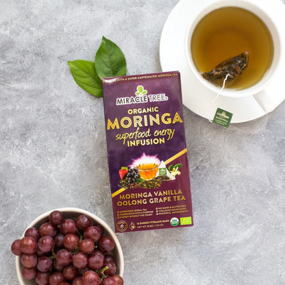 Tea box, cup of tea, and bowl of red grapes on a gray surface with green leaves nearby.