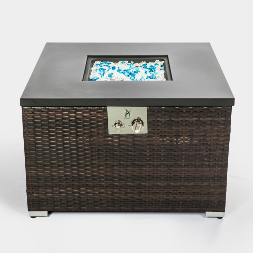 Square wicker fire pit table with glass beads, black top, and metal controls.