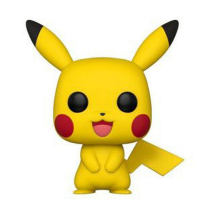 Yellow cartoon character with big black eyes, red cheeks, long ears, and a zigzag tail.