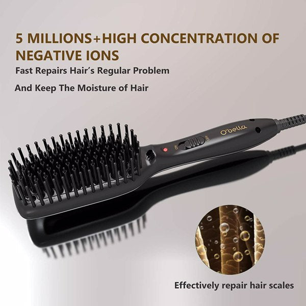 Black ion hairbrush with bristles, control button, and branding on handle. Text highlights features.