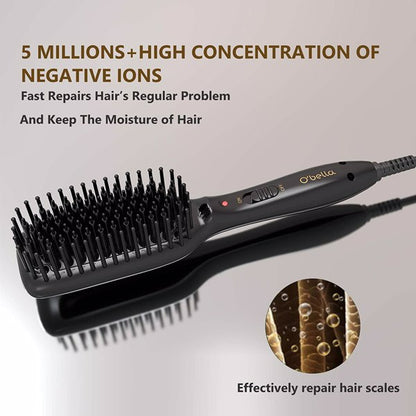 Black ion hairbrush with bristles, control button, and branding on handle. Text highlights features.