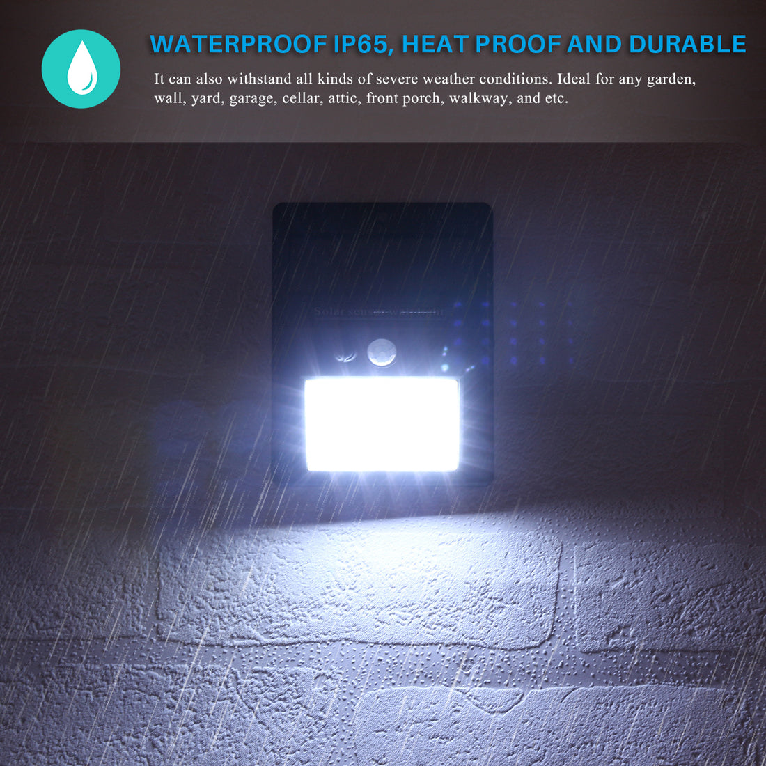 Bright LED light on a wall, illuminating raindrops. Text reads: "Waterproof IP65, heat proof."