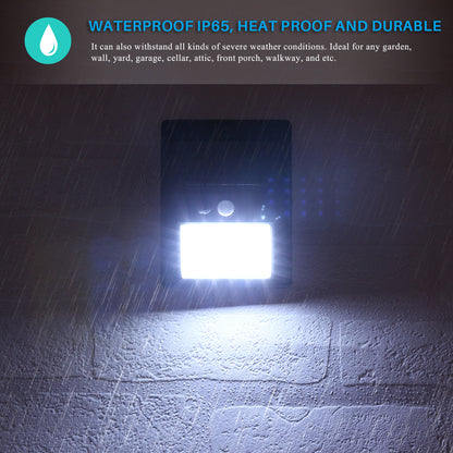 Bright LED light on a wall, illuminating raindrops. Text reads: "Waterproof IP65, heat proof."