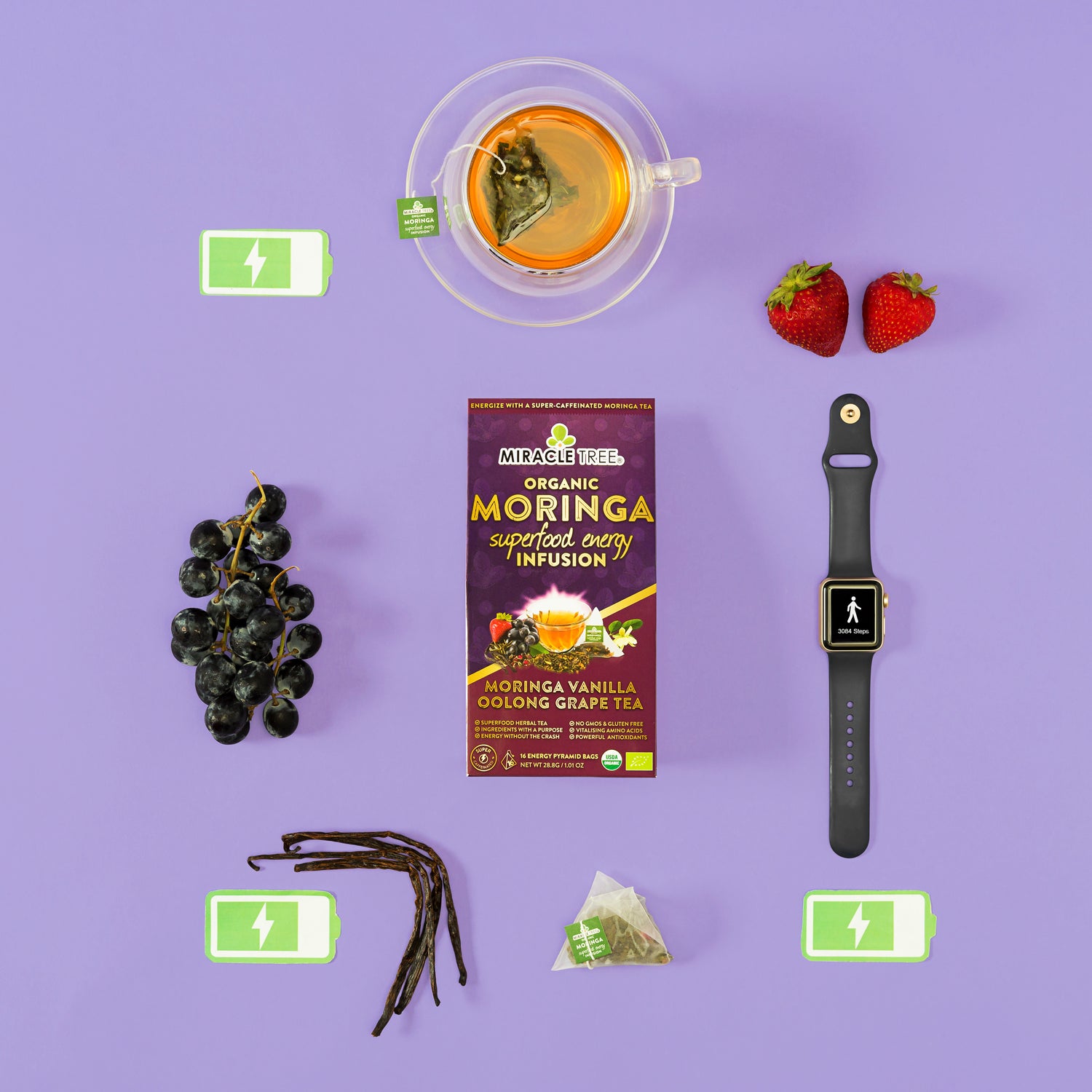 Tea box, cup, grapes, strawberries, vanilla pods, smartwatch, and battery icons on purple background.