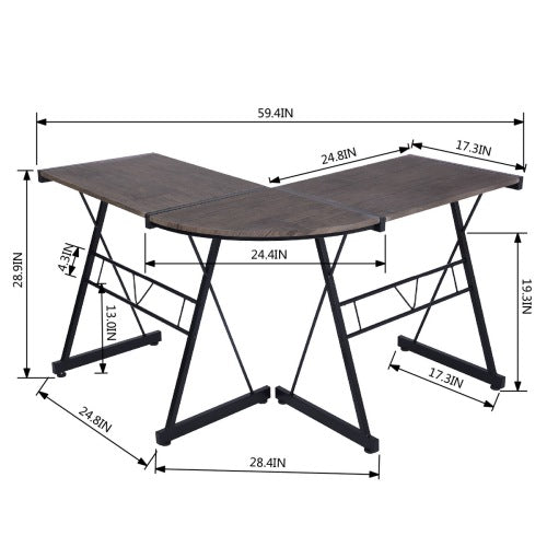 L-shaped wooden desk with black metal frame, dimensions marked in inches.