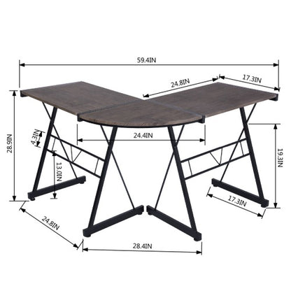 L-shaped wooden desk with black metal frame, dimensions marked in inches.