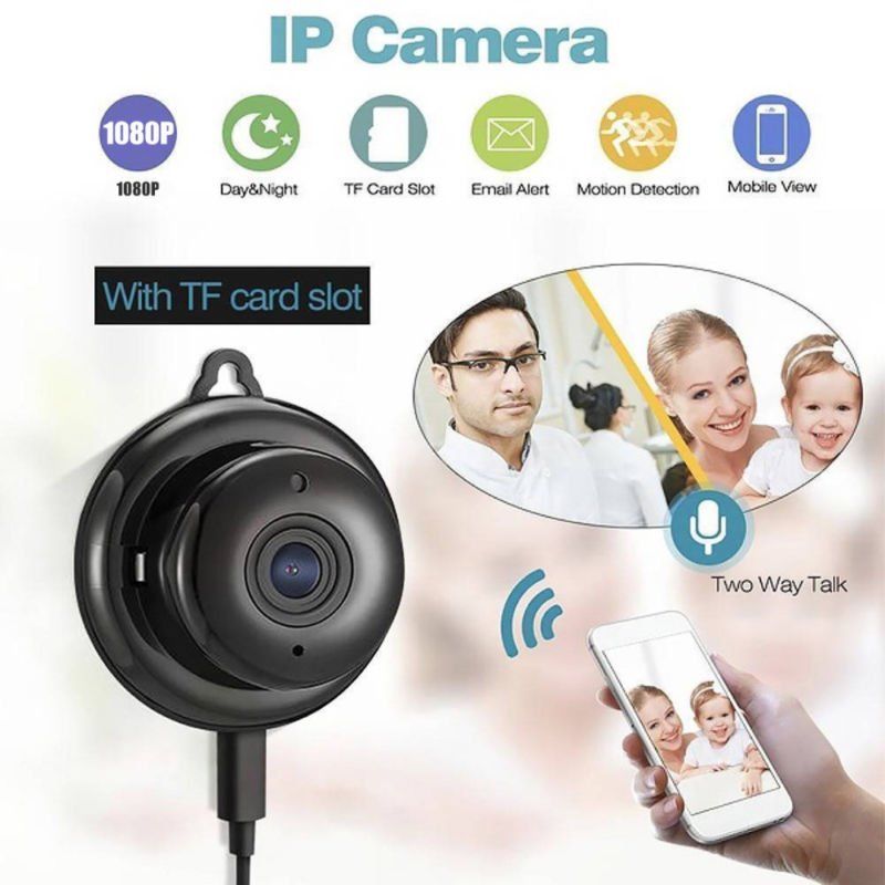 Black IP camera with TF card slot, features icons, and mobile app display with family photo.