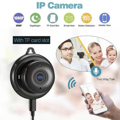 Black IP camera with TF card slot, features icons, and mobile app display with family photo.