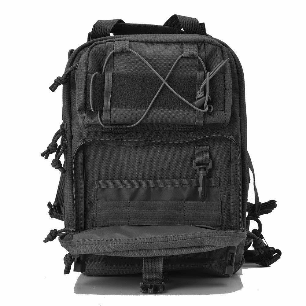 Black tactical backpack with multiple compartments, straps, and buckles, designed for durability.