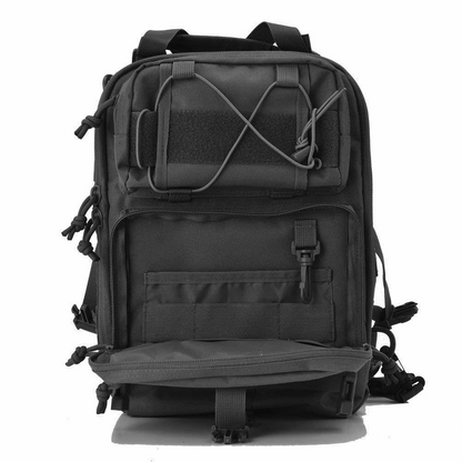 Black tactical backpack with multiple compartments, straps, and buckles, designed for durability.