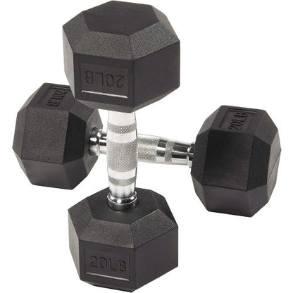 Two black hex dumbbells with silver handles, each marked "20 LB."