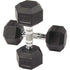 Two black hex dumbbells with silver handles, each marked "20 LB."