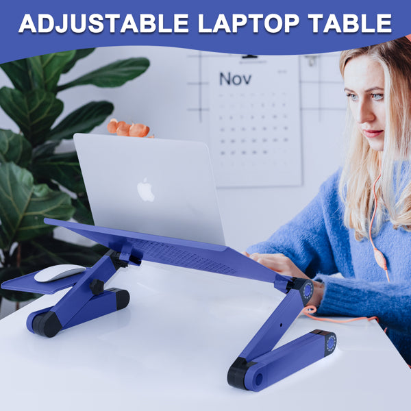 Blue adjustable laptop table with a laptop, beside a person in a blue sweater at a white desk.