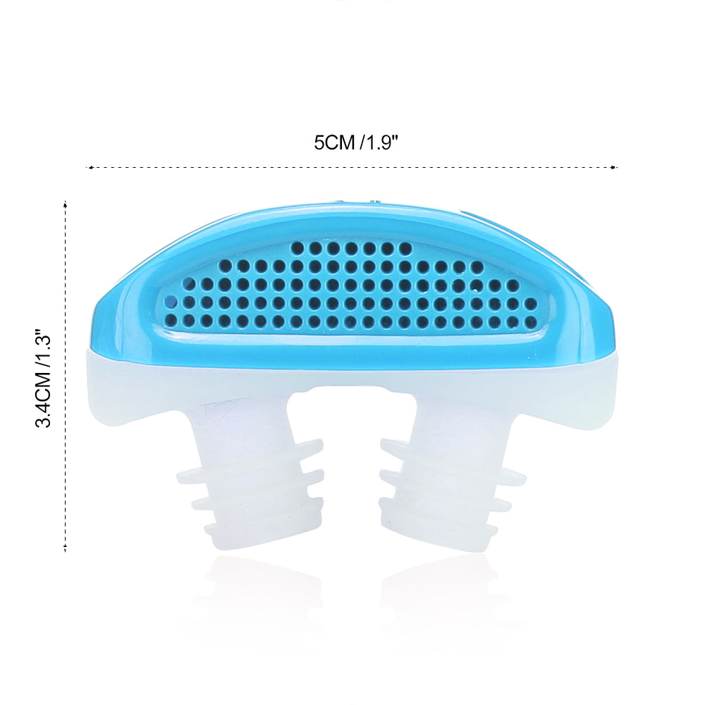 Blue and white nasal device with black perforations, size noted as 5cm by 3.4cm.