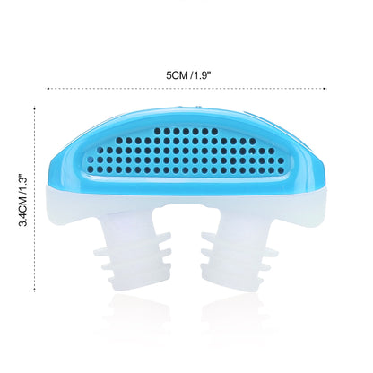 Blue and white nasal device with black perforations, size noted as 5cm by 3.4cm.