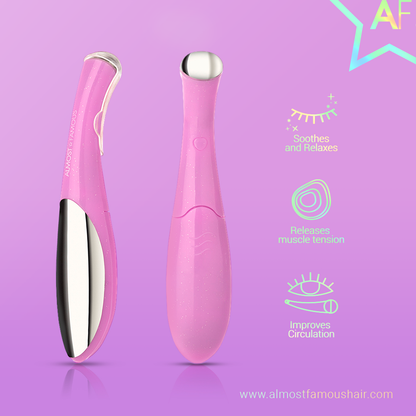 Two pink beauty wands on a purple background with icons and text about relaxation benefits.