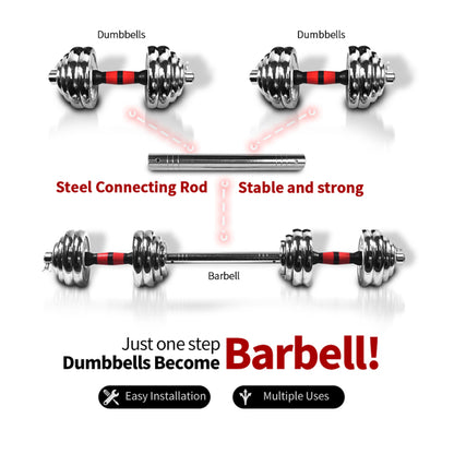 Dumbbells with a connecting rod, converting to a barbell; text reads "Dumbbells become Barbell!"