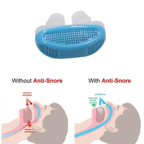 Blue anti-snore device with white tubes; diagram shows airflow improvement in users.