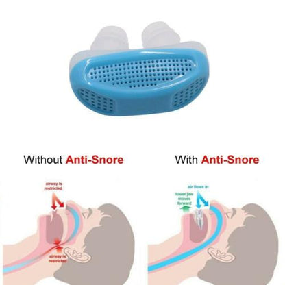 Blue anti-snore device with white tubes; diagram shows airflow improvement in users.