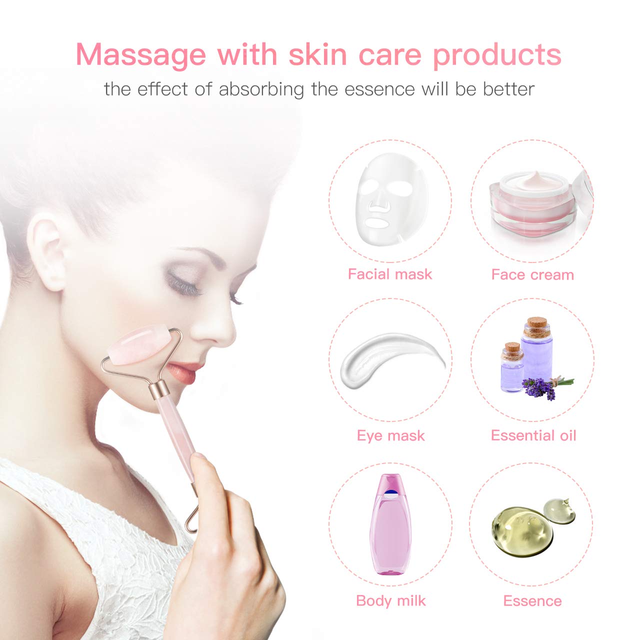 Woman using a pink face roller; skincare products shown include mask, cream, and essential oils.