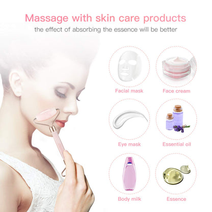 Woman using a pink face roller; skincare products shown include mask, cream, and essential oils.