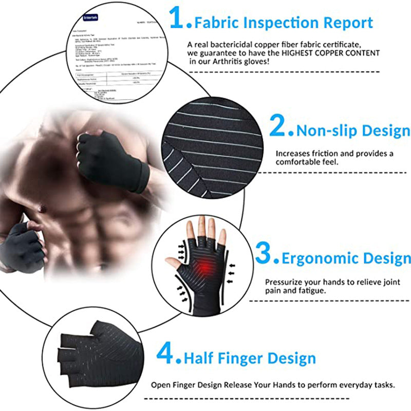 Infographic featuring black half-finger gloves with ergonomic, non-slip design and fabric inspection report.
