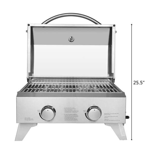 Silver outdoor grill with open lid, two control knobs, and grilling rack. Height marked as 25.5 inches.