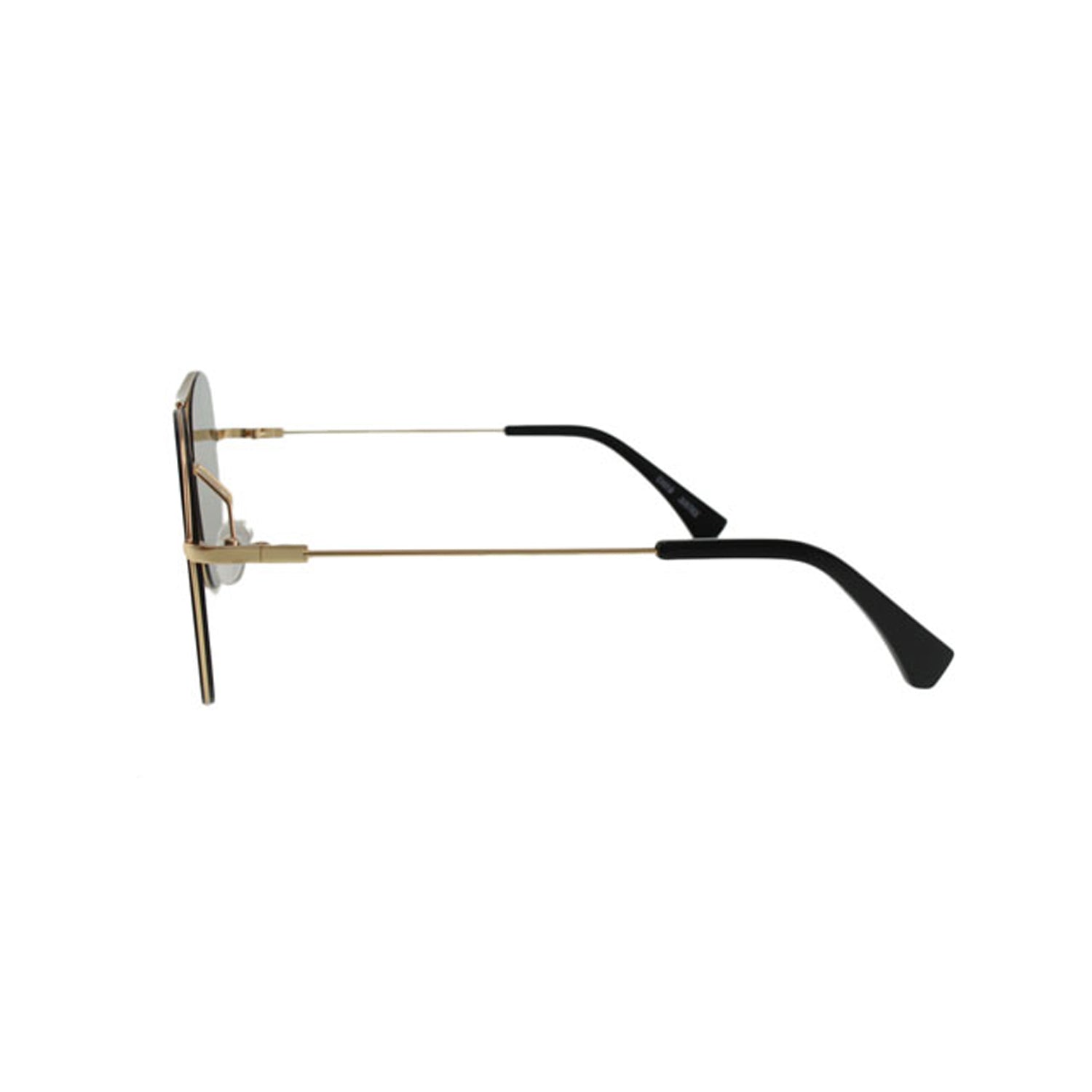 Side view of eyeglasses with thin gold frame and black temple tips against white background.